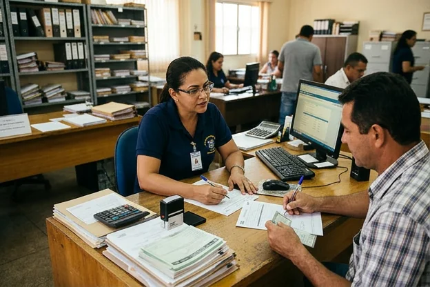 Despachante atendendo um cliente com informações sobre os serviços oferecidos.