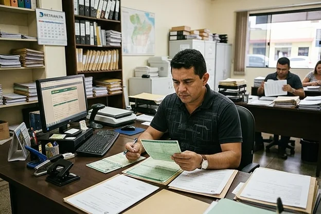 Despachante revisando documentos relacionados à documentação veicular.