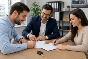 Especialista em despachante ajudando na transferência de um veículo com papéis ao fundo.