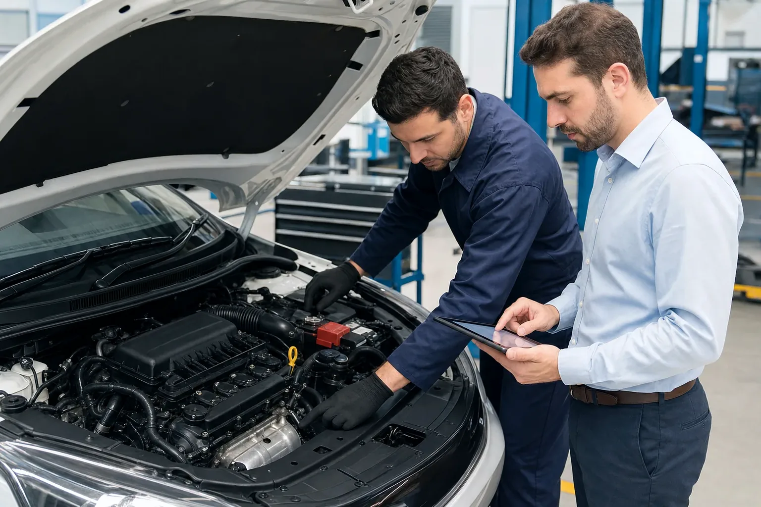 Especialista em despachante realizando o cadastro do motor com documentos ao fundo.