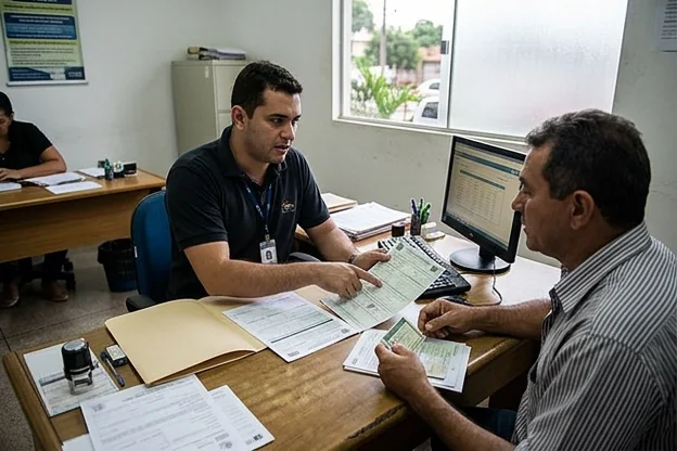 Profissional explicando o processo de regularização de um veículo a um cliente.
