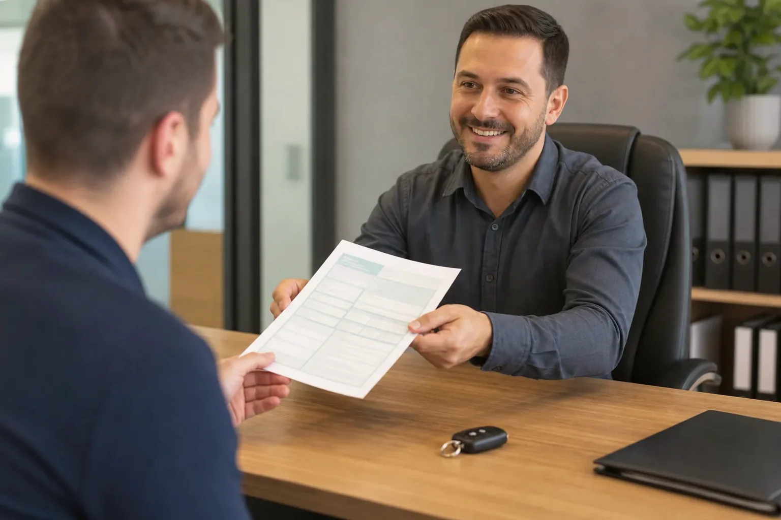 Profissional mostrando como solicitar a segunda via do CRV a um cliente.
