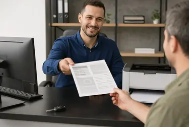 Profissional realizando a impressão do CRLV-e em um ambiente de trabalho de despachante.